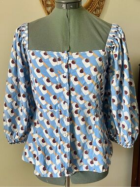 Ro’s Garden Cotton Puff Sleeve Square Neck Button Front Blouse Blue Size S
